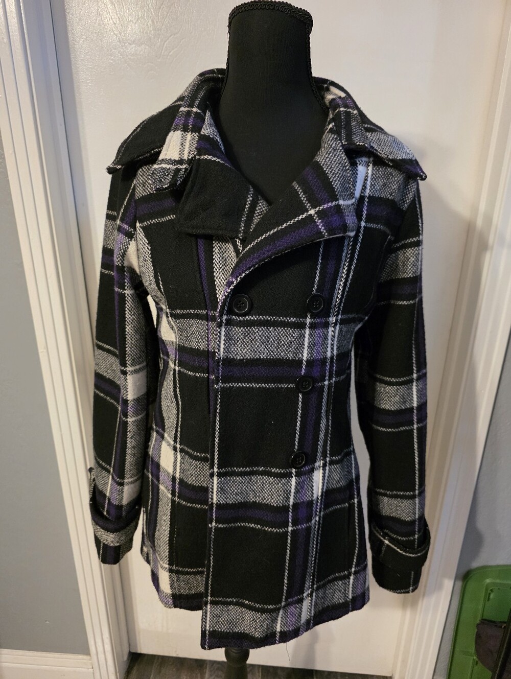 Ashley By 26 International Black, White & Purple Plaid Peacoat